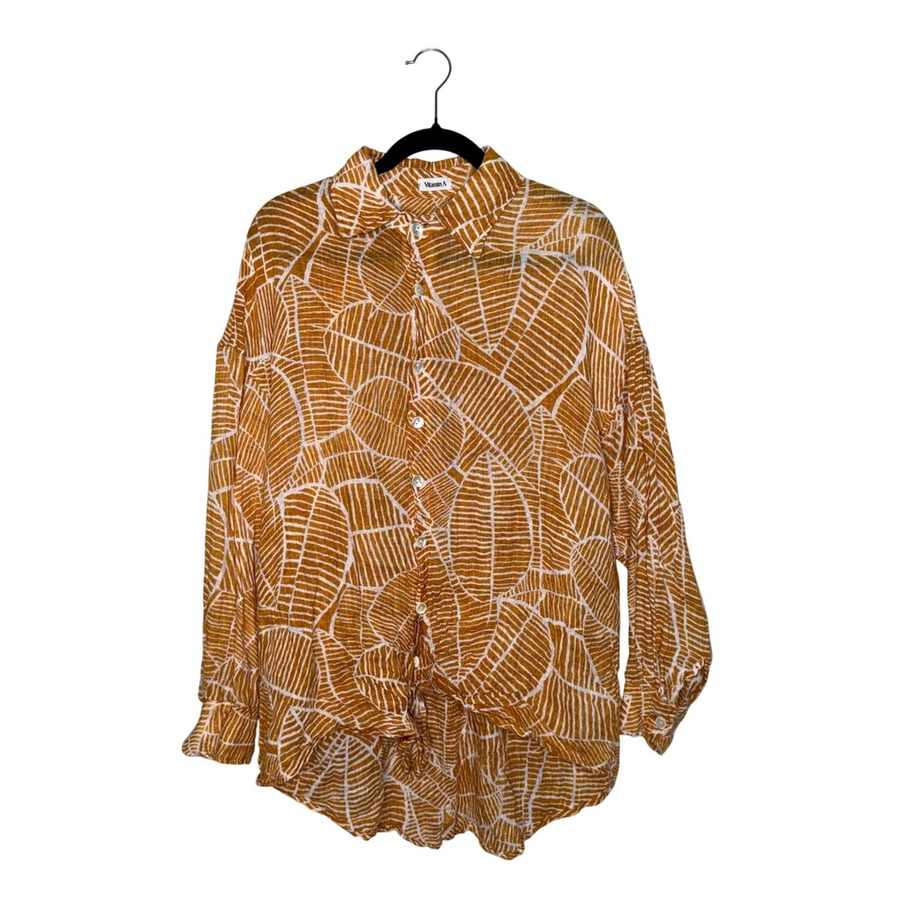 Vitamin A Button Down Shirt Womens M Orange Excellent Linen Leaf Print Oversized
